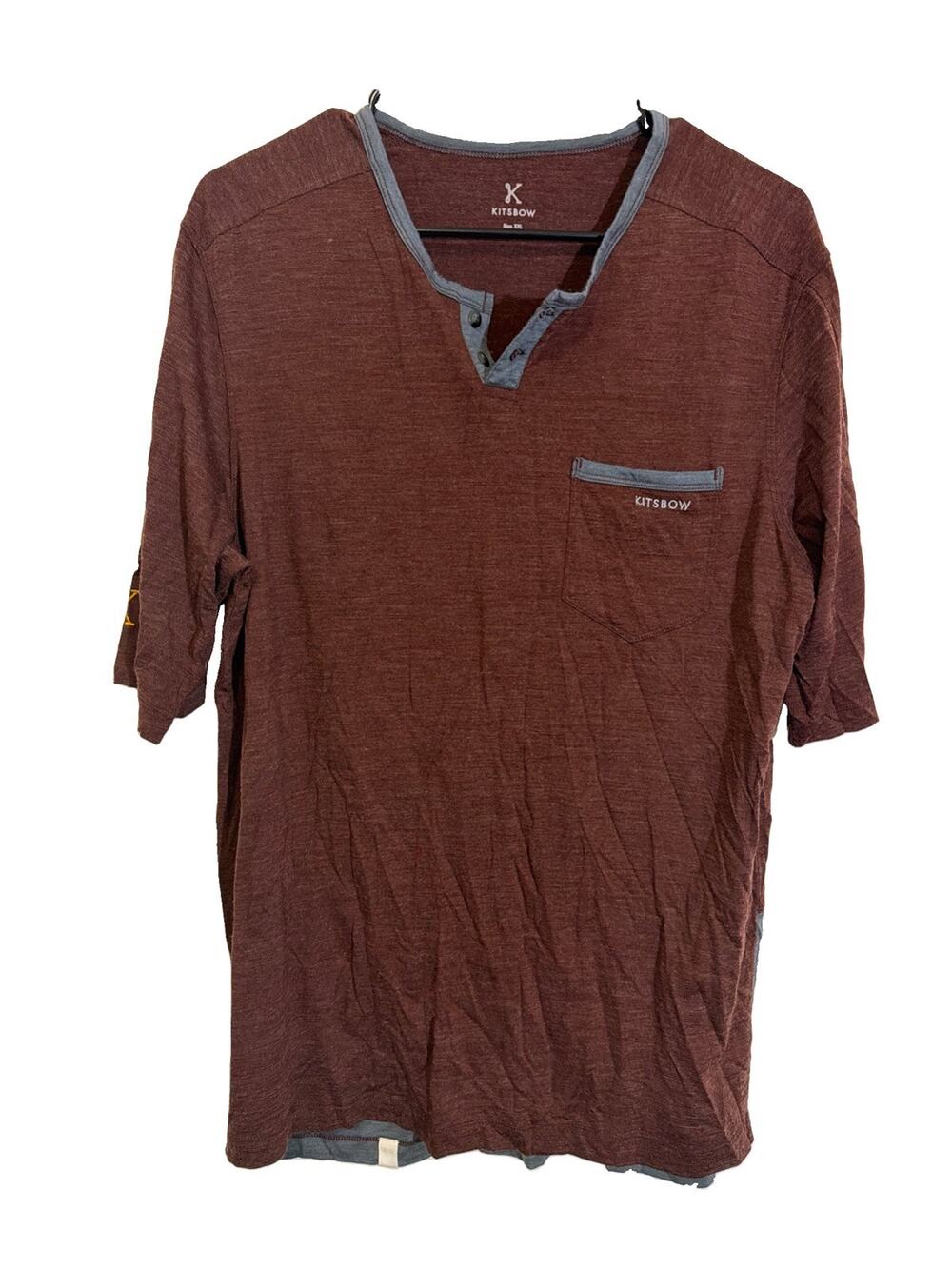 Kitsbow Merino Wool Henley Mens 2XL Burgundy Gray Solid Short Sleeve Cycling